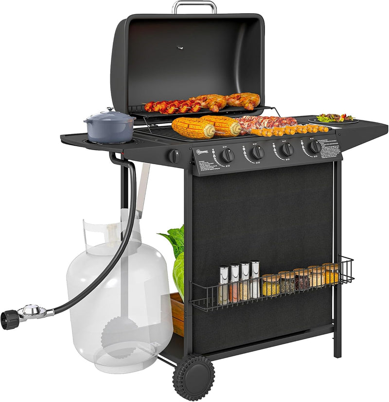 4 1 Burner Propane Gas BBQ Grill, Portable Gas Barbecue Grill with Side Burner, Thermometer, Lid, Side Table, Shelf, Spice Rack, Wheels, Grease Cup for Garden, Black C2