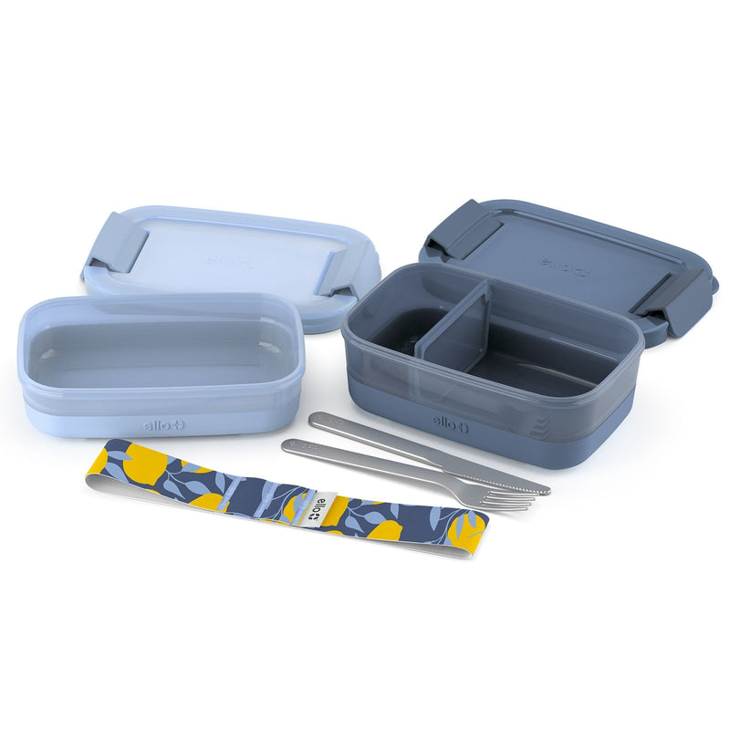 ello Stackable Bento Lunch Food Storage Container with Stainless Steel Flatware, Blue, 2-pk O6