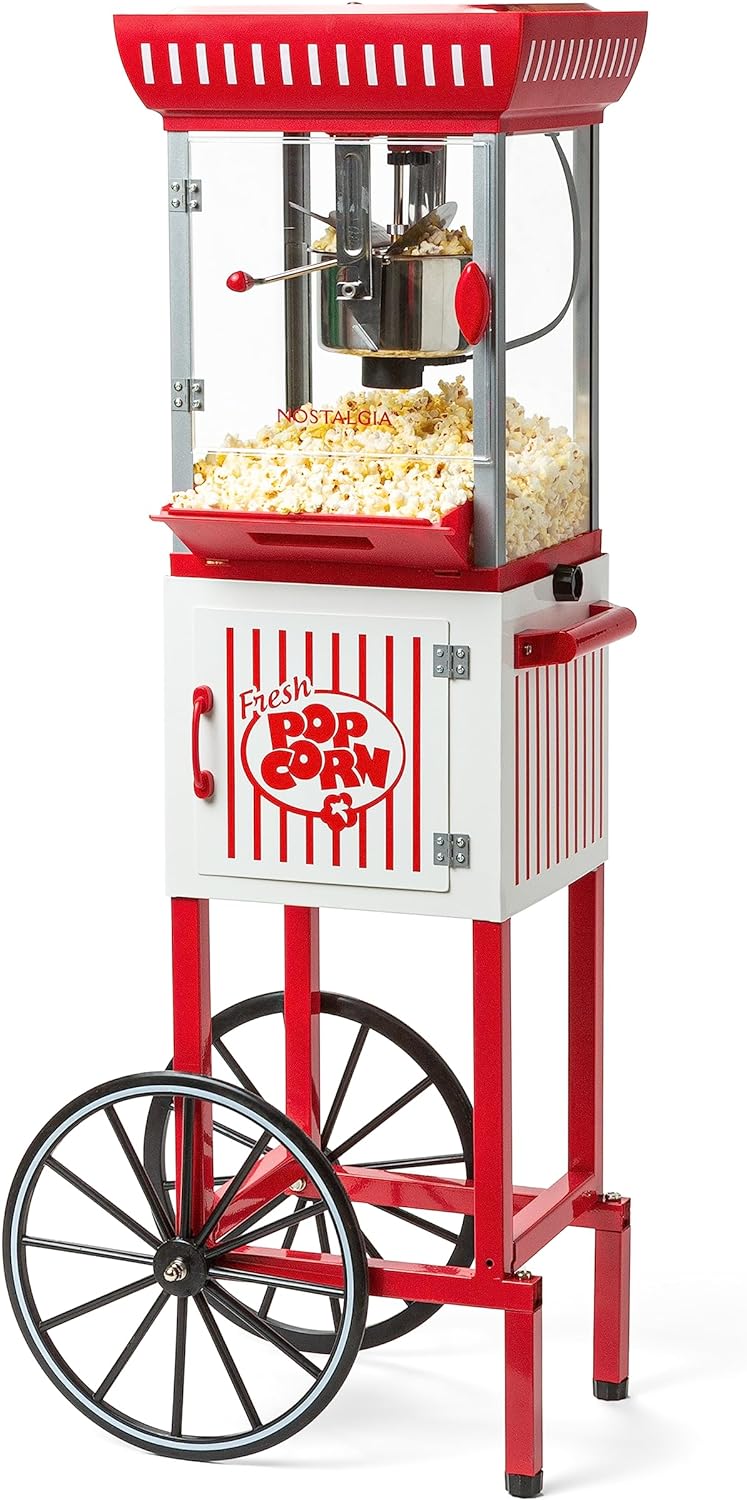 Popcorn Maker Machine - Professional Cart With 2.5 Oz Kettle Makes Up to 10 Cups - Vintage Popcorn Machine Movie Theater Style - Red & White I7