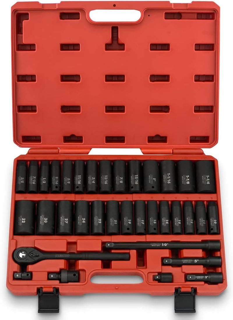 02448A 1/2" Drive Master Impact Socket Set, 65 Piece, Standard SAE (3/8"-1-1/4") & Metric (10-24 mm) Sizes, Deep & Shallow Kit, Includes Adapters & Ratchet Handle Y0