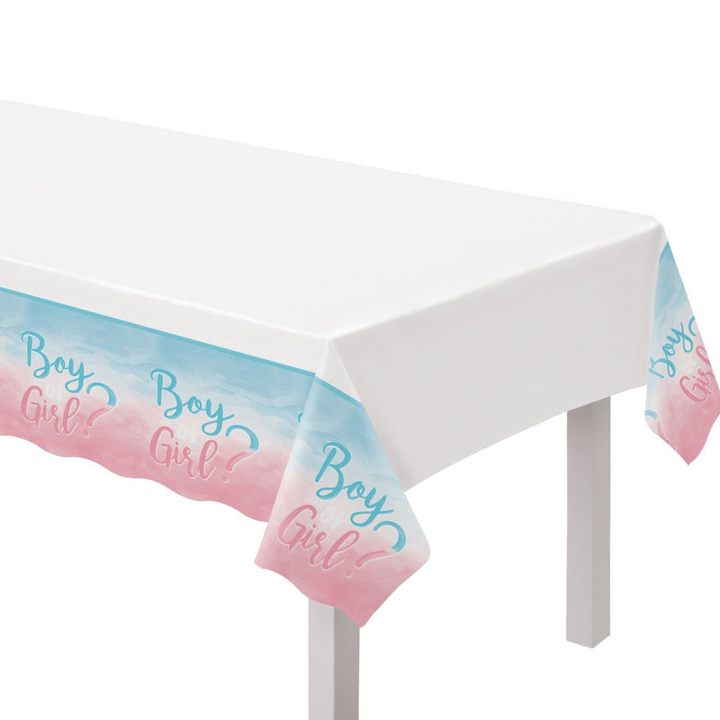 "Girl or Boy?" Rectangle Plastic Reusable Table Cover, Pink/Blue, 54x102-in, for Gender Reveal D5