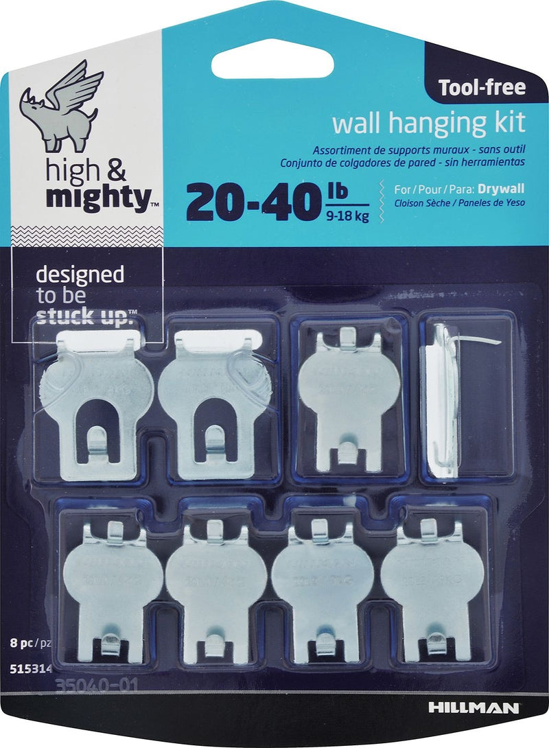 High & Mighty DrywAll Hanger, For Hanging Frames, No Tools Required, 40-lb Capacity, Silver, 8-pk L9