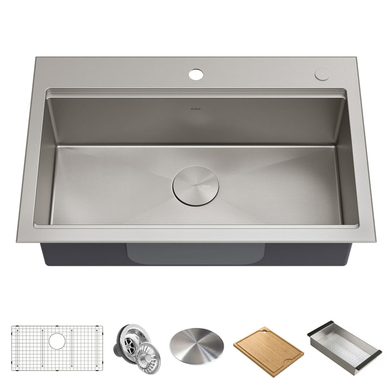 Kraus Kore Top/Undermount Stainless Steel Single Bowl Kitchen Sink with Add-Ons, 32x21x9-in A7