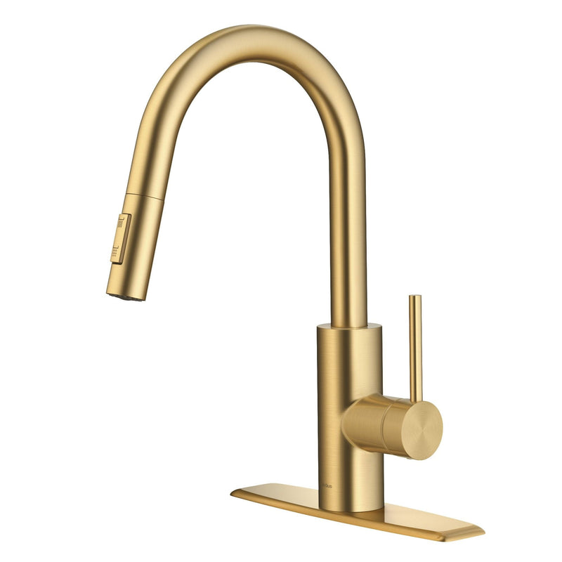 Kraus Oletto Single Handle High Arc Pull Down Kitchen Faucet, Brushed Brass L2