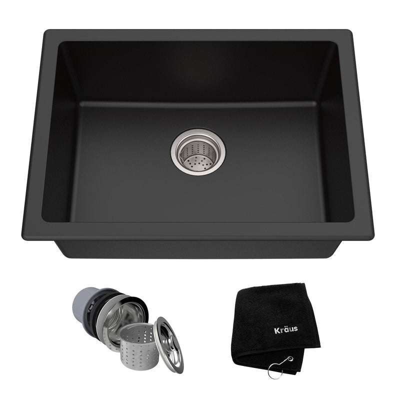 Kraus Quarza Top/Undermount Granite Single Bowl Kitchen Sink, Black Onyx, 24x18x9-in J6