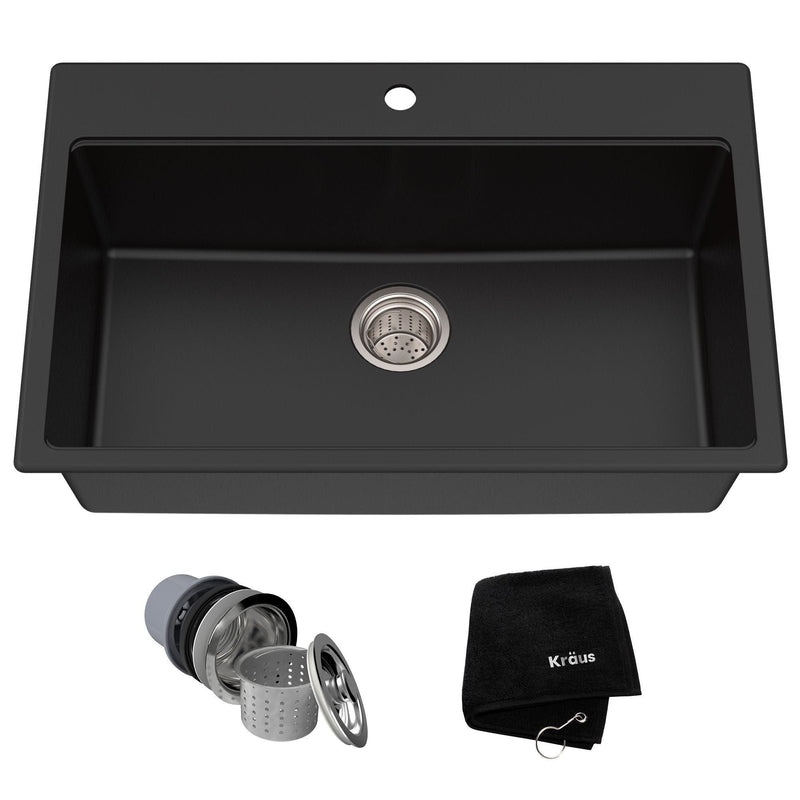 Kraus Quarza Top/Undermount Granite Single Bowl Kitchen Sink, Black Onyx, 31x20x9-in Y8