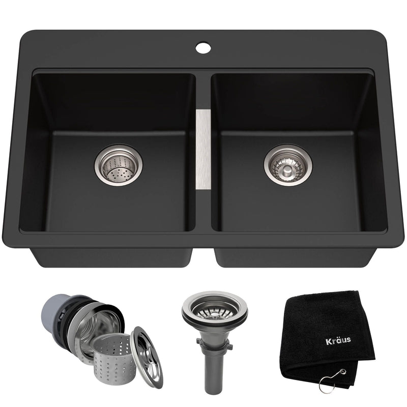 Kraus Quarza Undermount Granite Double Bowl Kitchen Sink, Black Onyx, 33x22x10-in G9