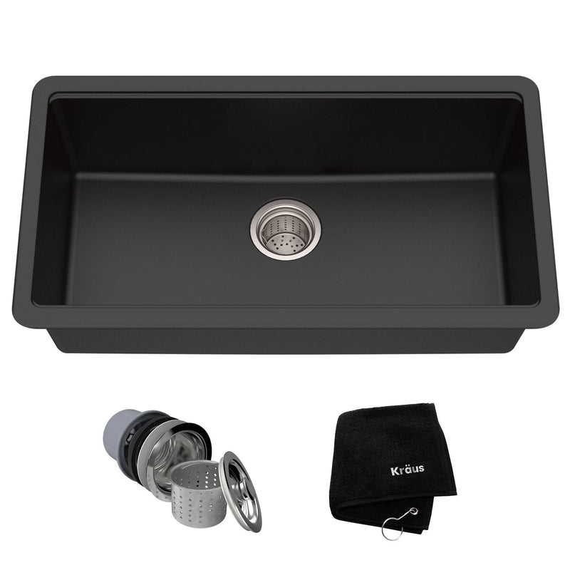 Kraus Quarza Undermount Granite Single Bowl Kitchen Sink, Black Onyx, 31x17x9-in L7