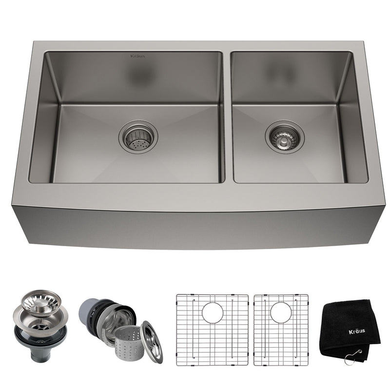 Kraus Standard PRO Apron Front Farmhouse Stainless Steel Double Bowl Kitchen Sink, 36x21x10-in R4