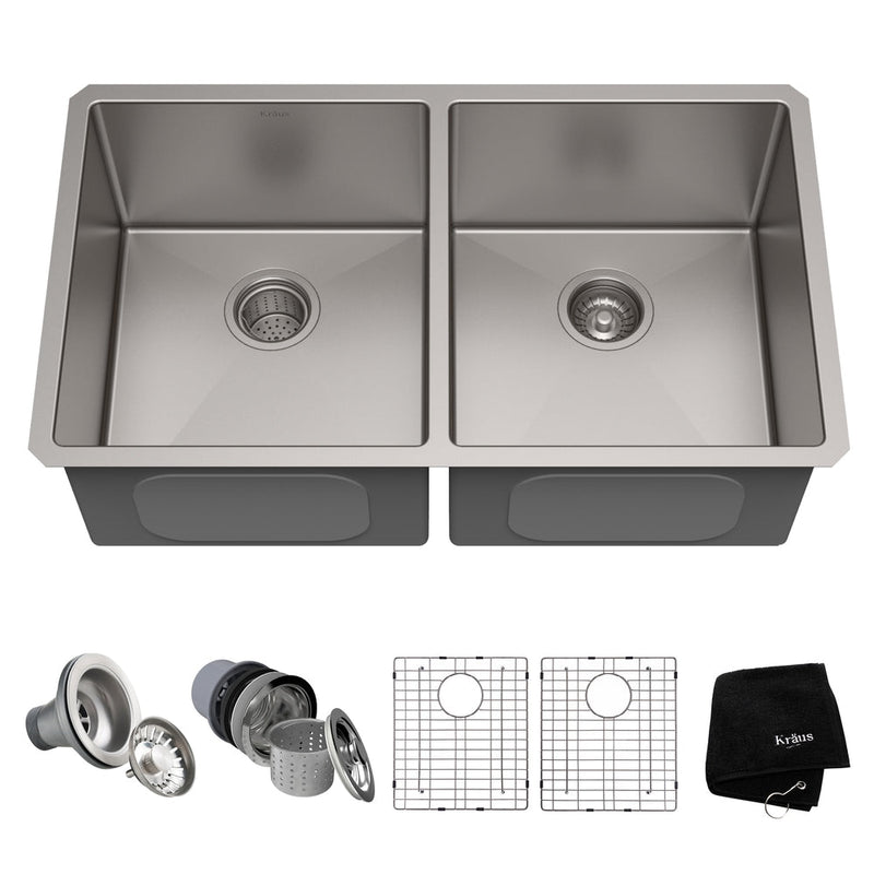 Kraus Standard PRO Undermount Stainless Steel Double Bowl 50/50 Kitchen Sink, 33x19x10-in W0