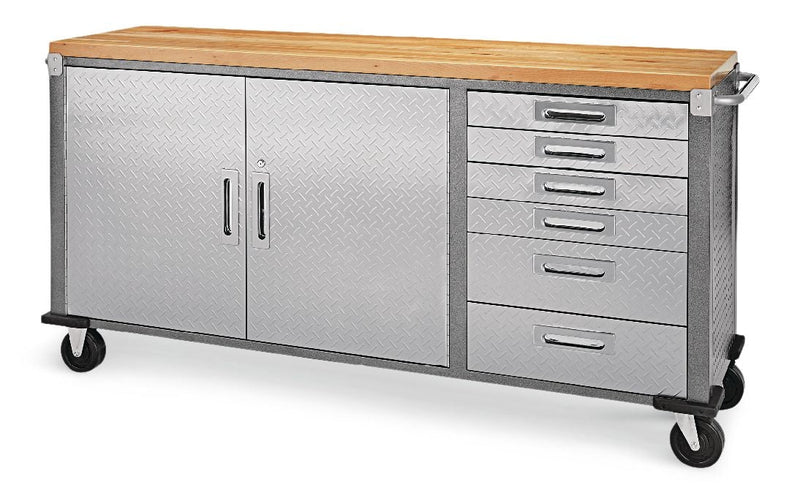 Mastercraft 72" Diamond Series 2-Door, 6-Drawer Wooden Top Work Station with Wheels, 72 x 21-5/8 x 37-1/2-in B5