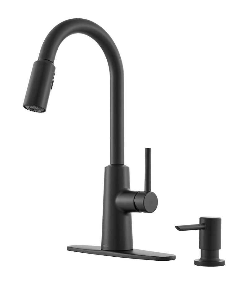 Moen Nori Single Handle Pulldown Kitchen Faucet with Soap Dispenser, Matte Black R7