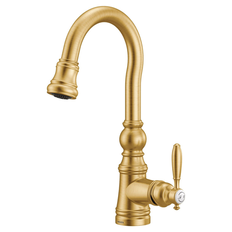 Moen Weymouth Single Handle High Arc Pull Down Sprayer Kitchen Faucet with Power Clean, Brushed Gold M9