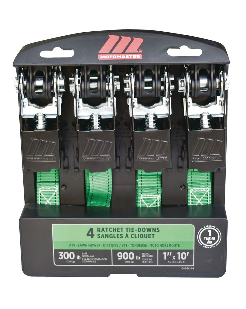 MotoMaster 900-lb Ratchet Tie-Down Straps, Non-Padded, 1-in x 10-ft, 4-pk E7