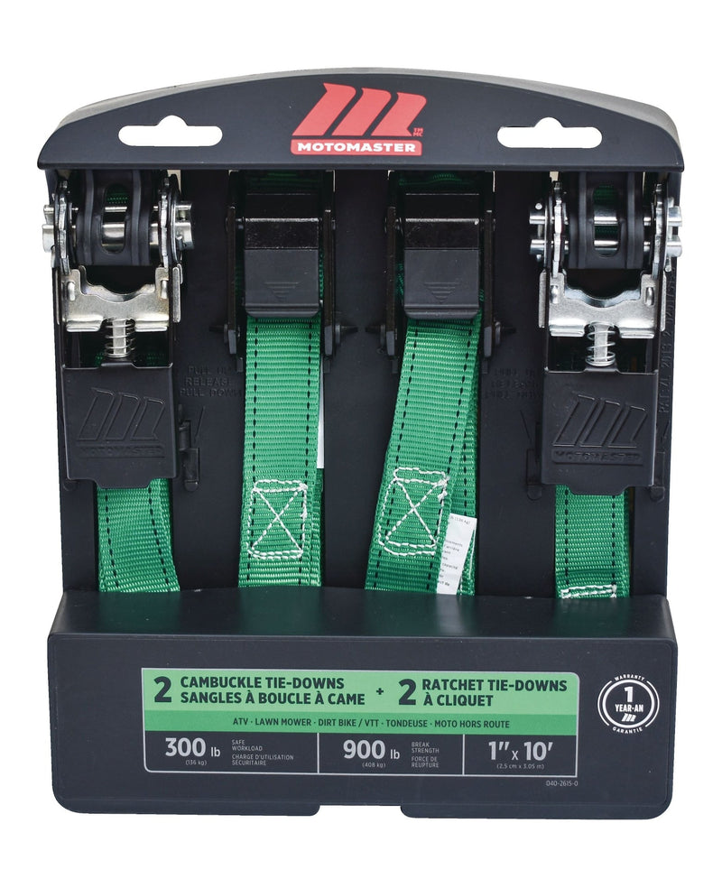 MotoMaster 900-lb Ratchet/Cambuckle Tie-Down Straps, Non-Padded, 1-in x 10-ft, 4-pk B5