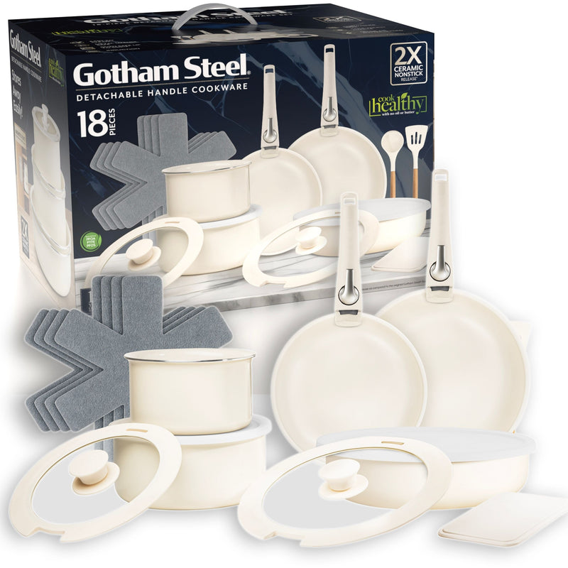 OB Gotham Steel Pots & Pan Set with Removable Handles, Cream, 18-pc Z3