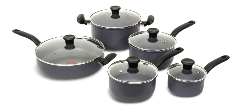 T-fal Hard Titanium Cookware Set, Non-stick, Dishwasher & Oven Safe, Grey, 10-pc S6