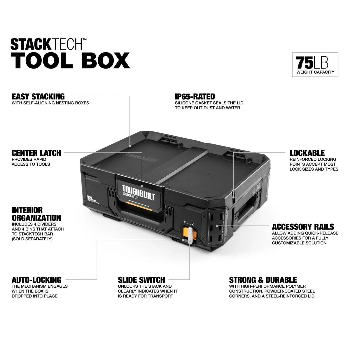 ToughBuilt StackTech Top Portable Modular Plastic/Metal Tool Box with 4 Dividers and 4 Bins, IP65-Rated, Black