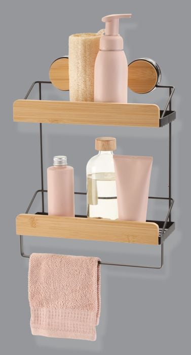 Type A Wall Mounted 2-Tier Shower Rack, Black/Bamboo A0