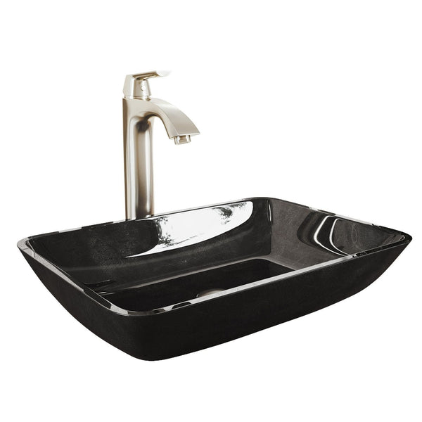 VIGO Glass Grey Onyx Bathroom Sink/Basin Set with Linus Faucet and Rectangular Vessel Y8