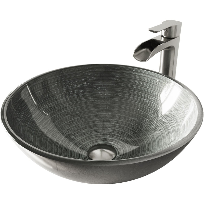 VIGO Glass Simply Silver Bathroom Sink/Basin Set with Niko Faucet and Round Vessel F4