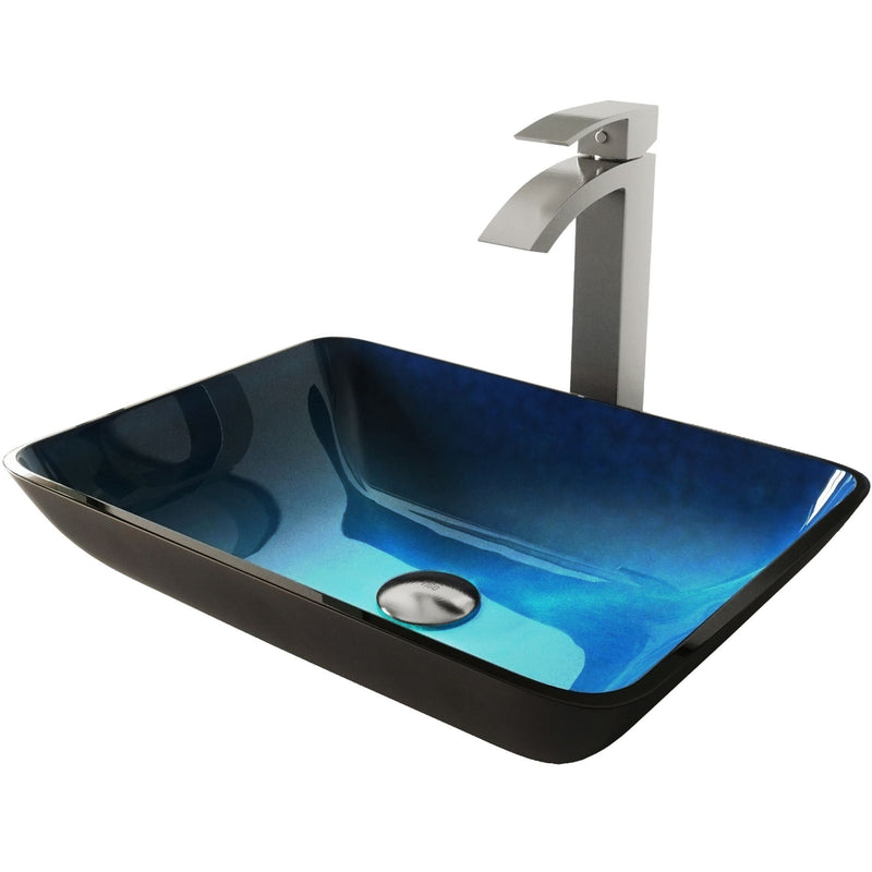VIGO Glass Turquoise Water Bathroom Sink/Basin Set with Duris Faucet and Rectangular Vessel L3