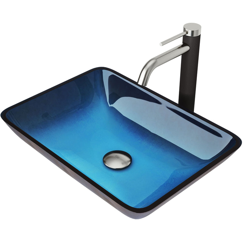 VIGO Glass Turquoise Water Bathroom Sink/Basin Set with Lexington Faucet and Rectangular Vessel S3