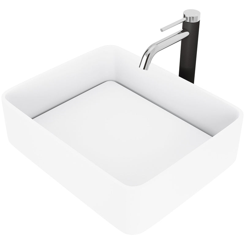 VIGO Jasmine MatteStone White Bathroom Sink/Basin Set with Lexington Faucet and Rectangular Composite Vessel N4