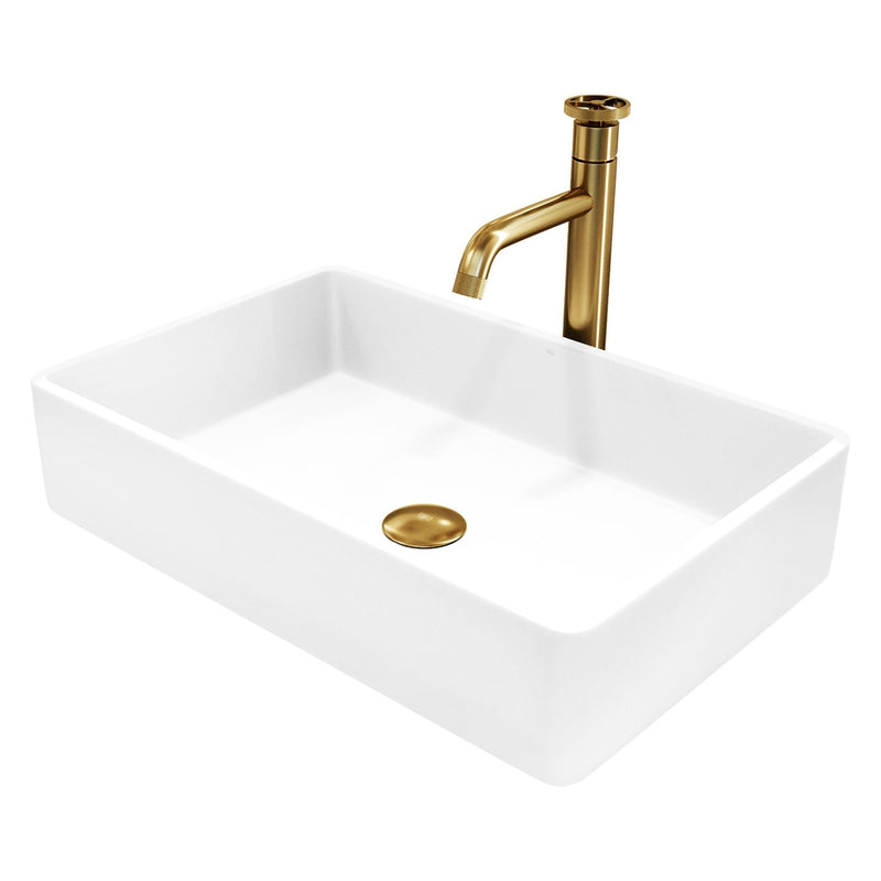 VIGO Magnolia MatteStone White Bathroom Sink/Basin Set with Cass Faucet and Rectangular Composite Vessel V0