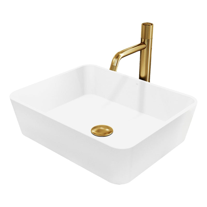 VIGO Marigold MatteStone Matte White Bathroom Sink/Basin Set with Apollo Faucet and Rectangular Composite Vessel P6