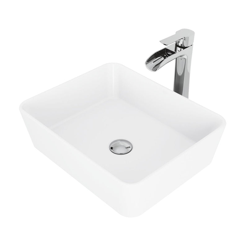 VIGO Marigold MatteStone White Bathroom Sink/Basin Set with Niko Faucet and Rectangular Composite Vessel F0