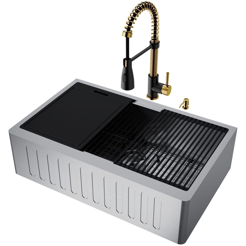 VIGO Oxford 33-in Single-Bowl Gold/Black Farmhouse Sink with Brant Faucet O2