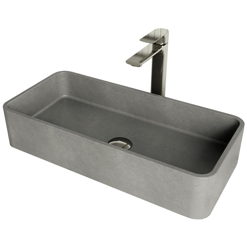 VIGO Palazzo Gothic ConcretoStone Grey Bathroom Sink/Basin Set with Niko Faucet and Rectangular Vessel L3