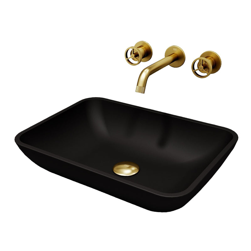 VIGO Sottile MatteShell Matte Black Bathroom Sink/Basin Set with Cass Wall Mount Faucet and Glass Rectangular Vessel H0