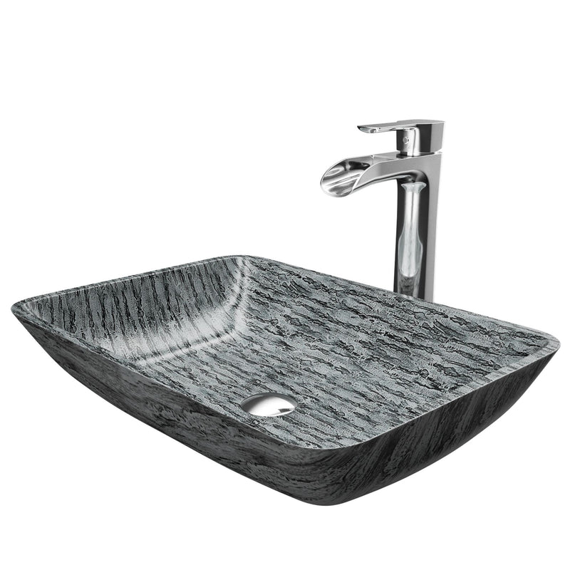 VIGO Titanium Glass Slate Grey Bathroom Sink/Basin Set with Niko Faucet and Rectangular Vessel B7