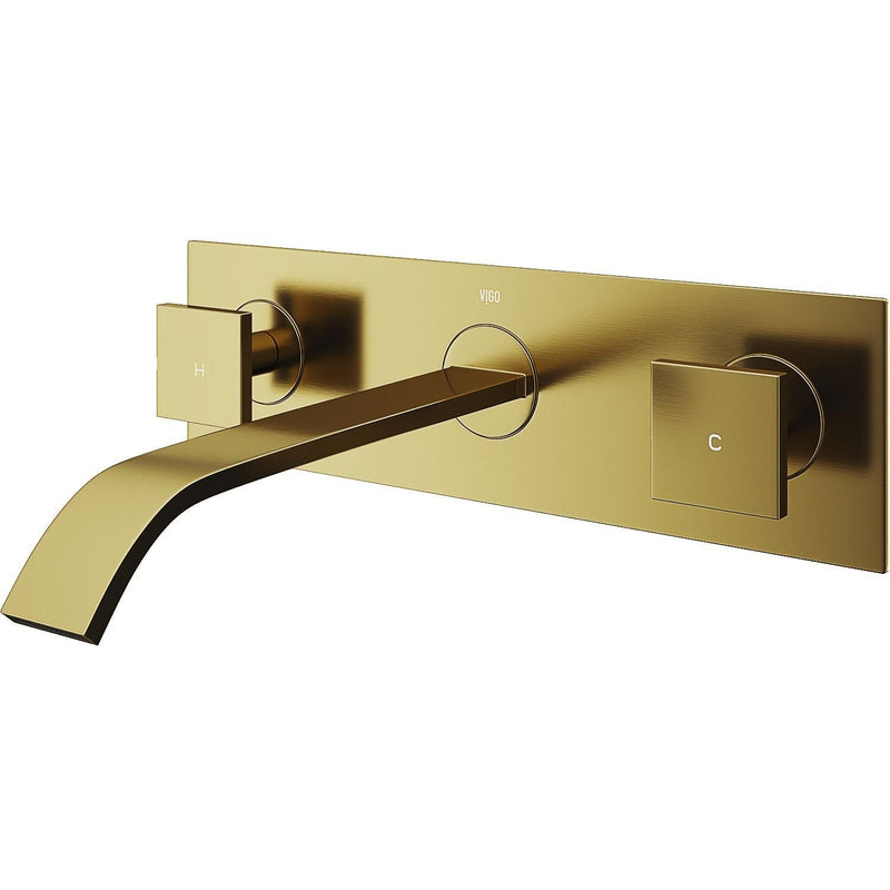 VIGO Titus Wall Mount Dual Handle Bathroom Sink Faucet, Eco-Friendly 1.2 GPM Flow Rate, Matte Brushed Gold E3